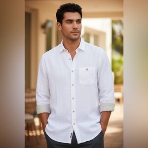 Tommy Bahama Ventana‎ Plaid 100% Linen Shirt Men Large Flip Cuff Blue Logo Sewn